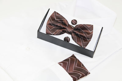Mens Brown Zig Zag Matching Bow Tie, Pocket Square & Cuff Links Set