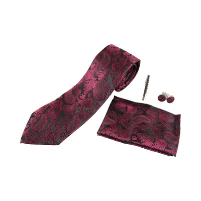 Mens Burgundy & Black Boho Paisley Matching Neck Tie, Pocket Square, Cuff Links And Tie Clip Set