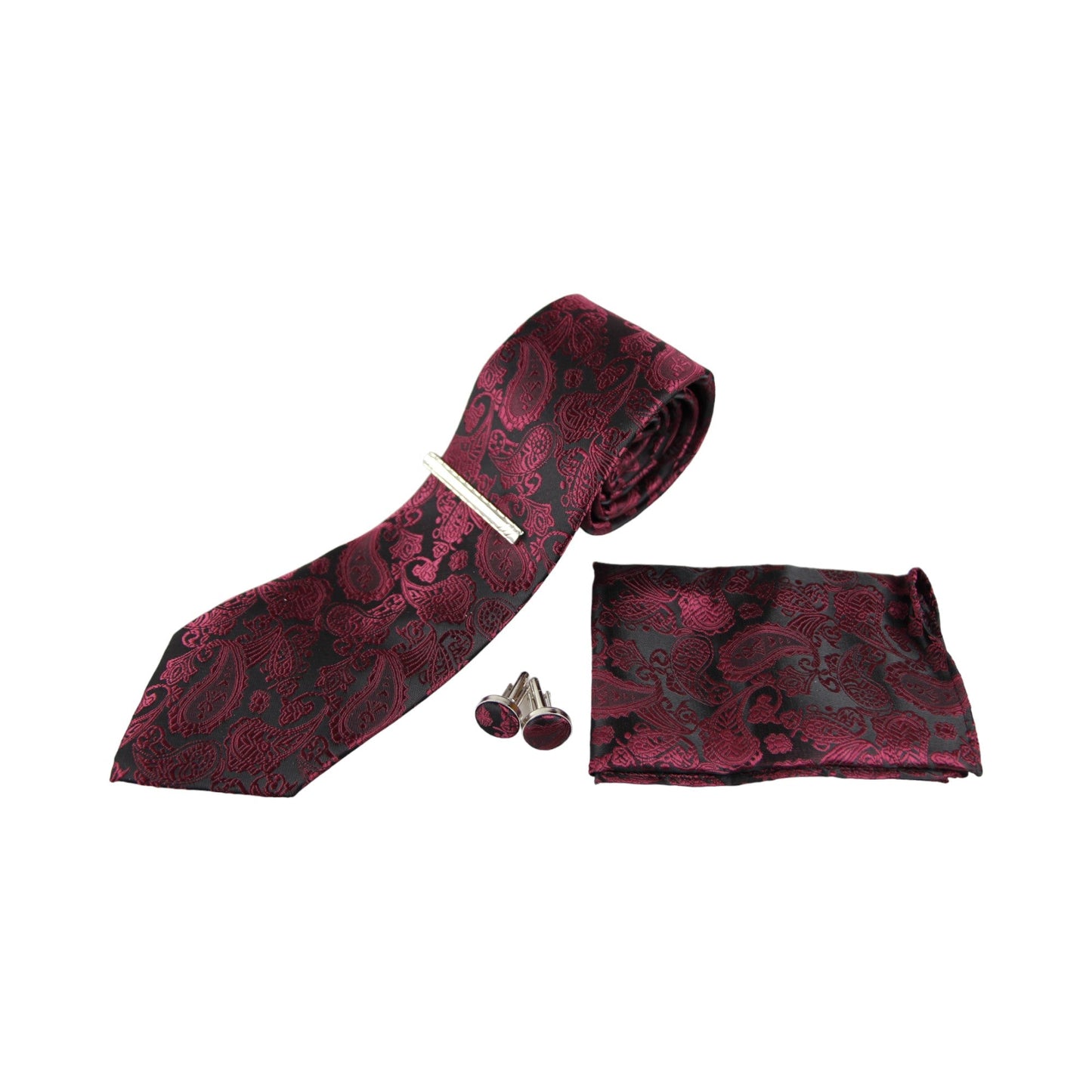 Mens Burgundy & Black Boho Paisley Matching Neck Tie, Pocket Square, Cuff Links And Tie Clip Set