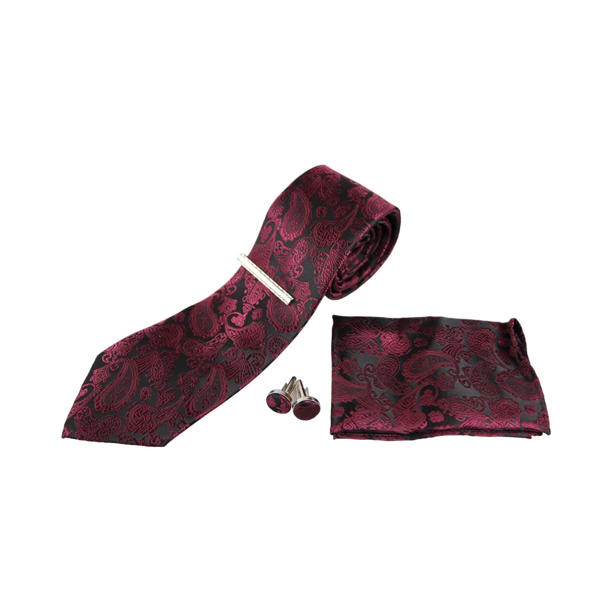 Mens Burgundy & Black Boho Paisley Matching Neck Tie, Pocket Square, Cuff Links And Tie Clip Set