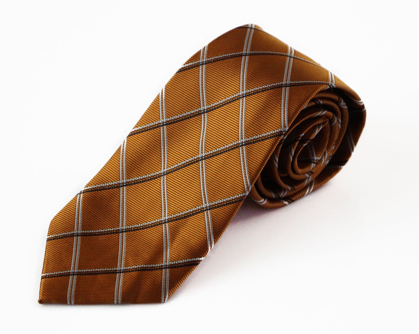 Mens Burnt Orange, Grey And Black Striped 8cm Patterned Neck Tie