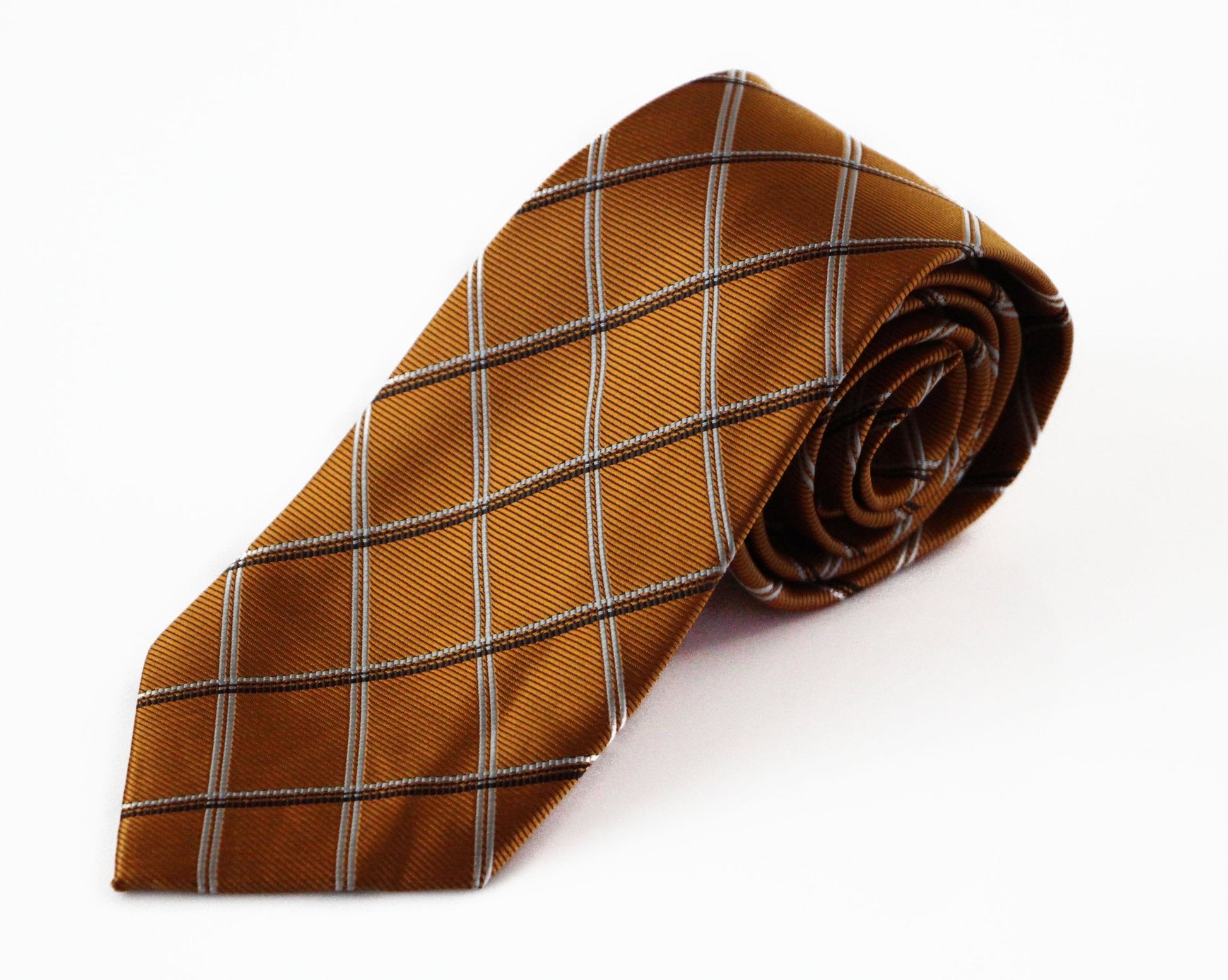 Mens Burnt Orange, Grey And Black Striped 8cm Patterned Neck Tie