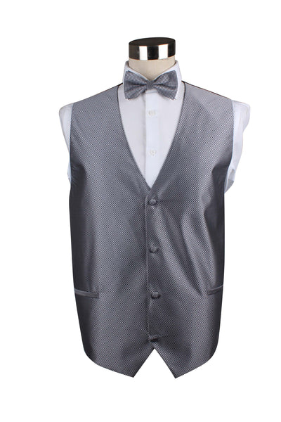 Mens Dark Silver Checkered Patterned Vest Waistcoat & Matching Bow Tie