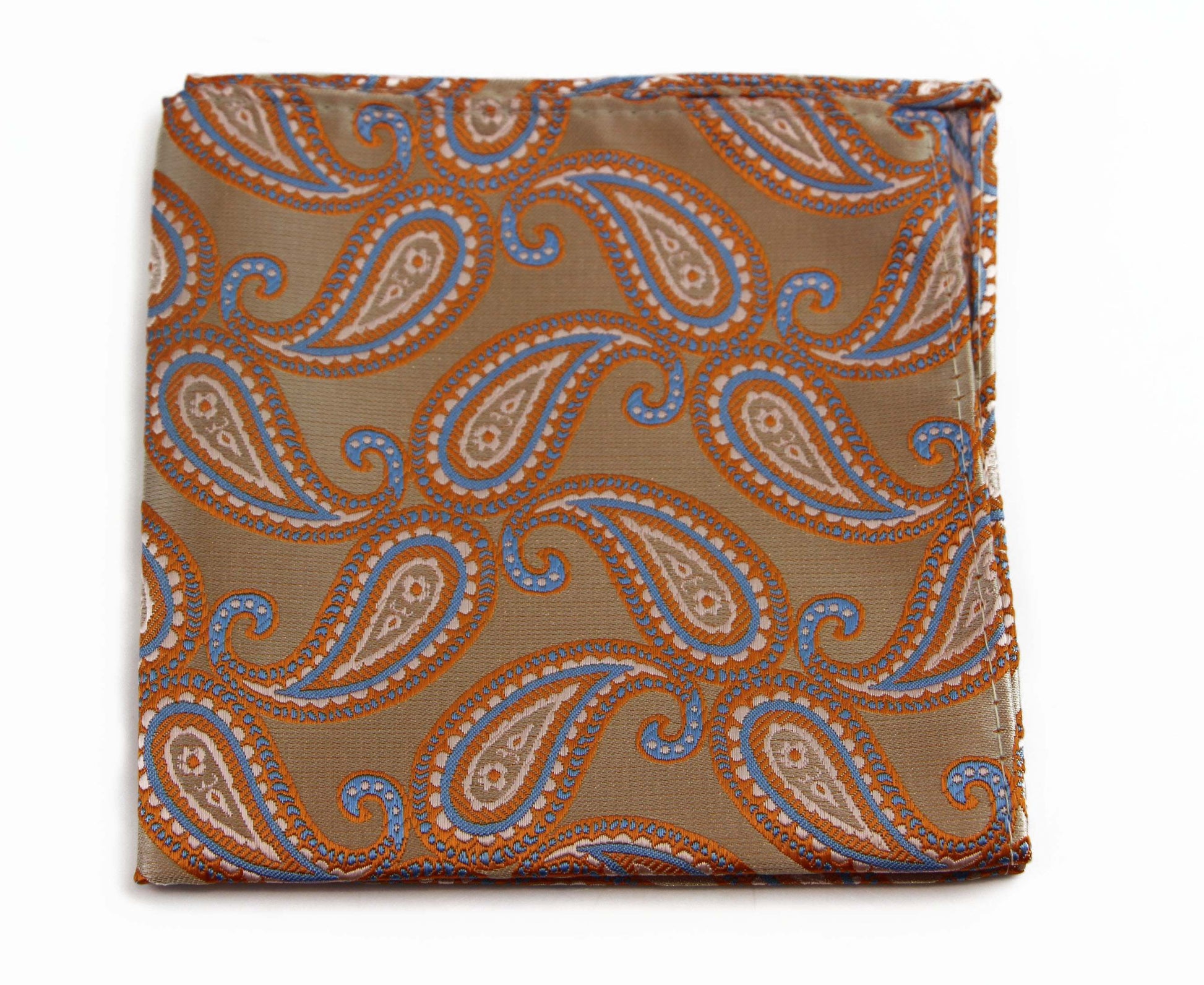 Mens Gold & Light Blue Paisley Silk Pocket Square