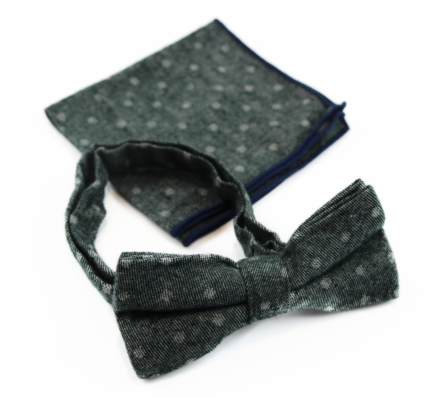Mens Green Denim With White Dots Cotton Bow Tie & Pocket Square Set