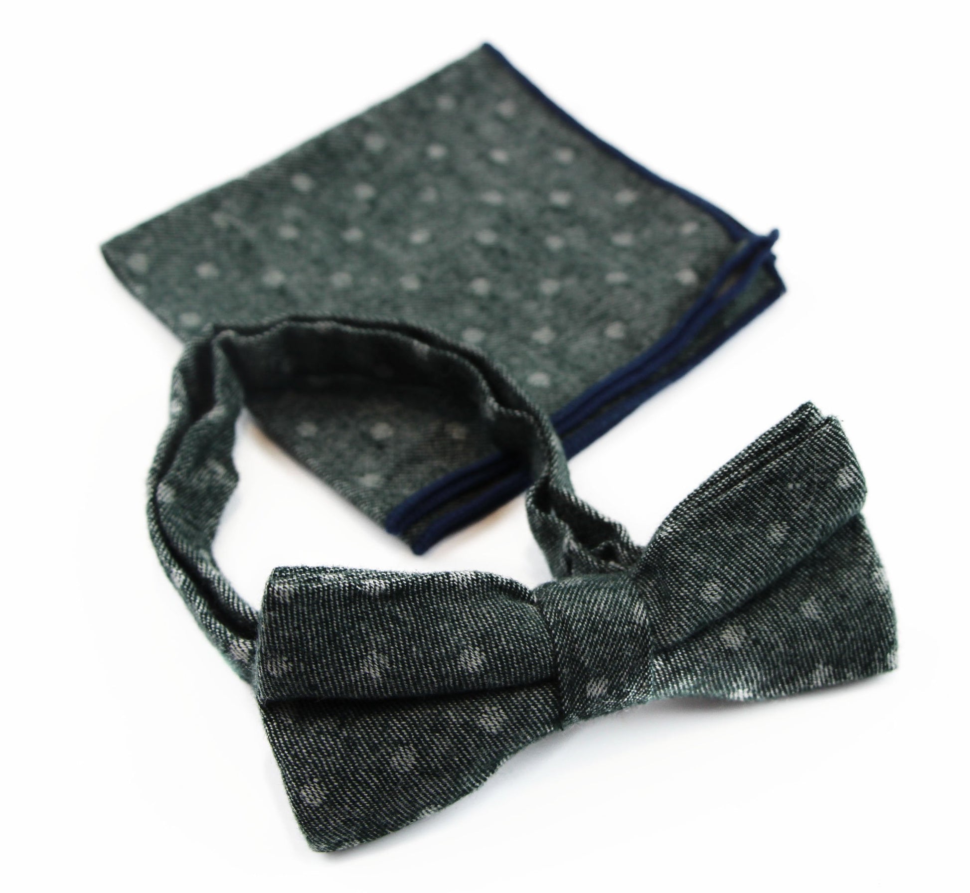 Mens Green Denim With White Dots Cotton Bow Tie & Pocket Square Set