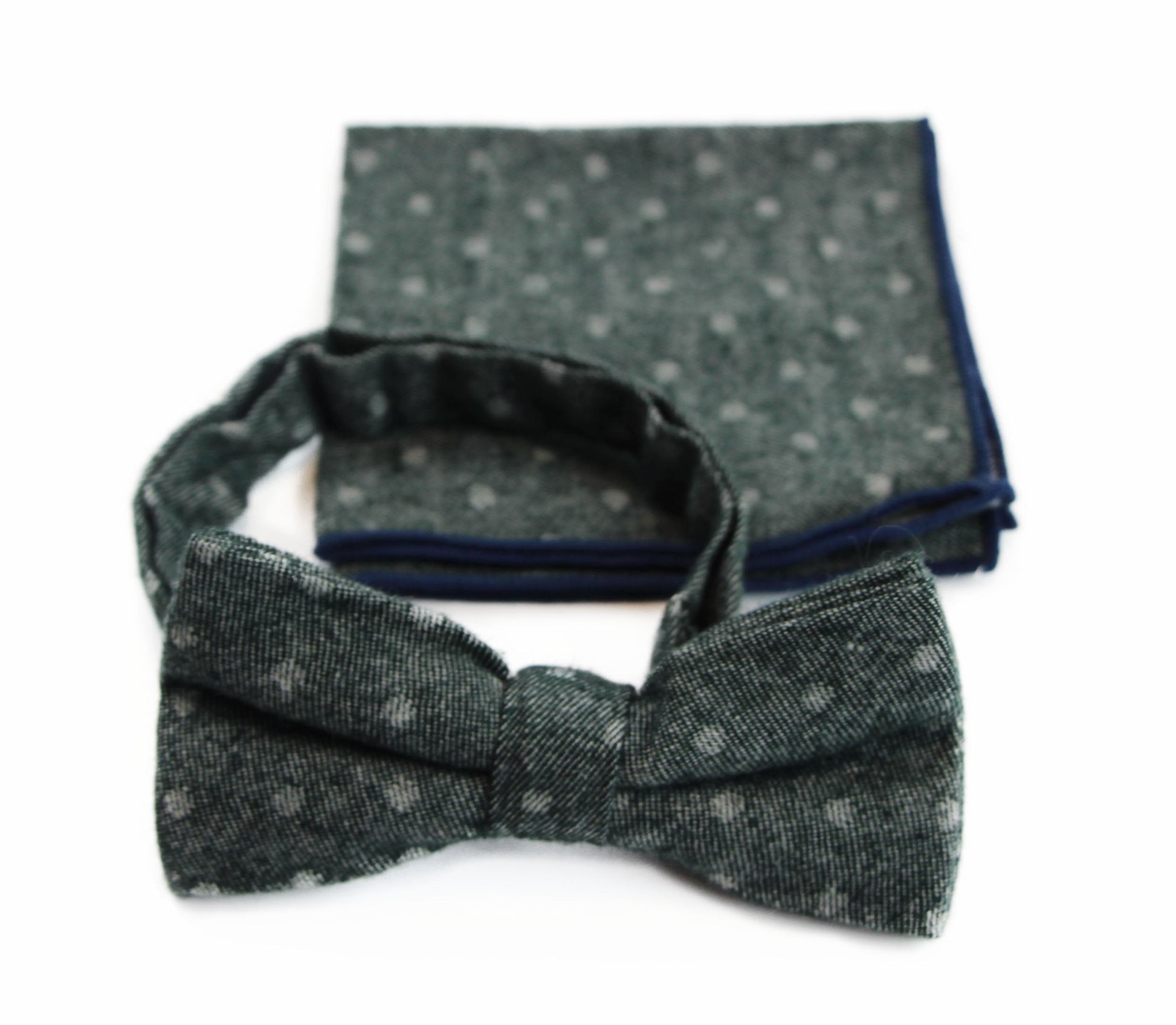 Mens Green Denim With White Dots Cotton Bow Tie & Pocket Square Set