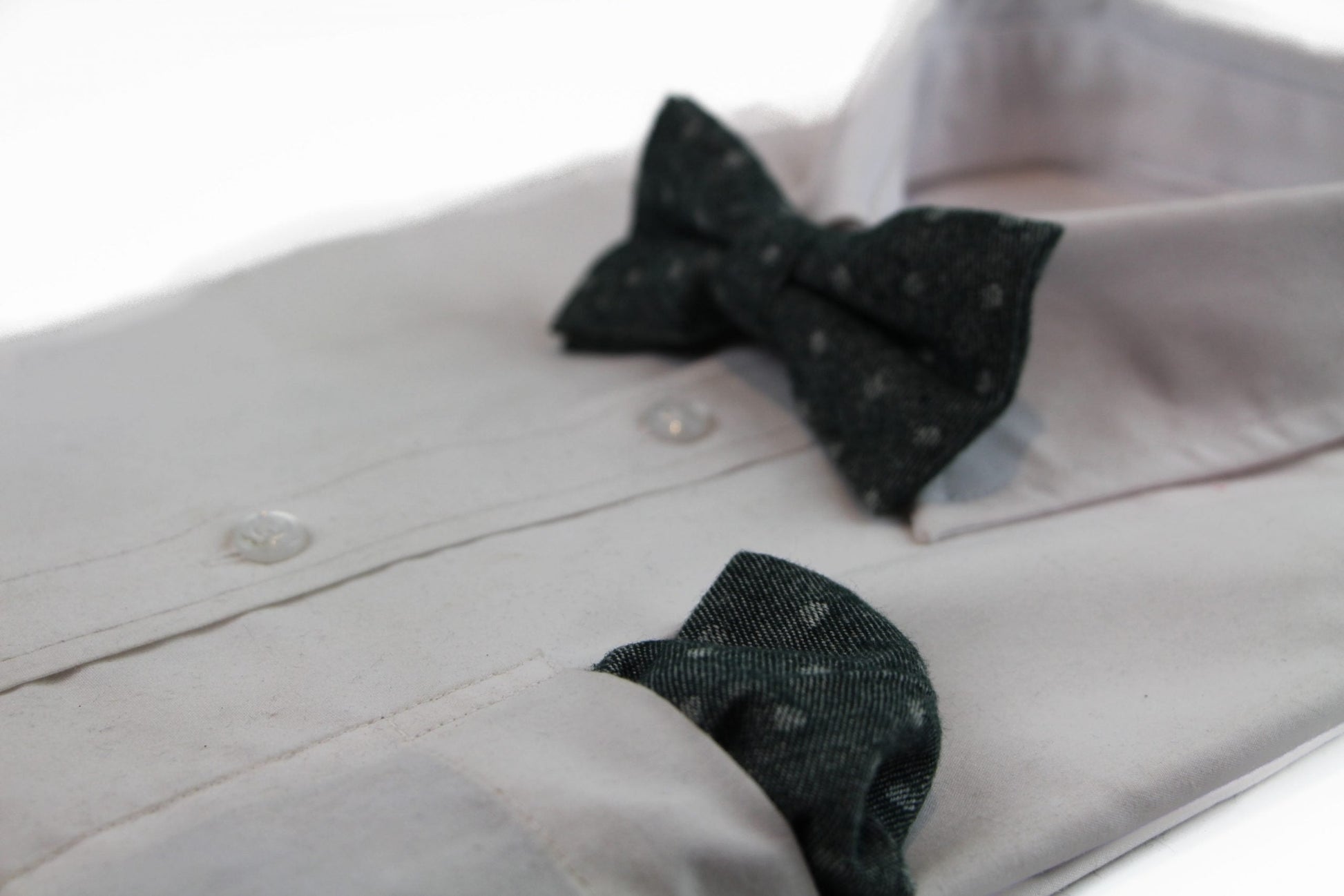 Mens Green Denim With White Dots Cotton Bow Tie & Pocket Square Set