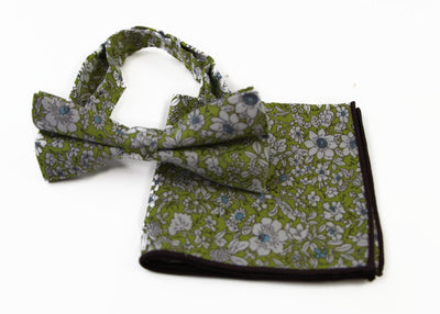 Mens Green With White Flowers Cotton Bow Tie & Pocket Square Set