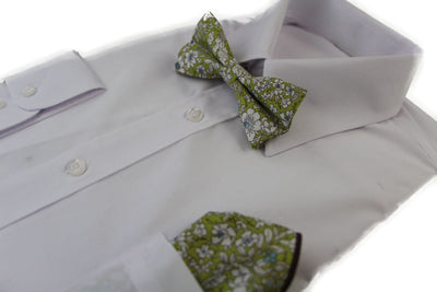 Mens Green With White Flowers Cotton Bow Tie & Pocket Square Set