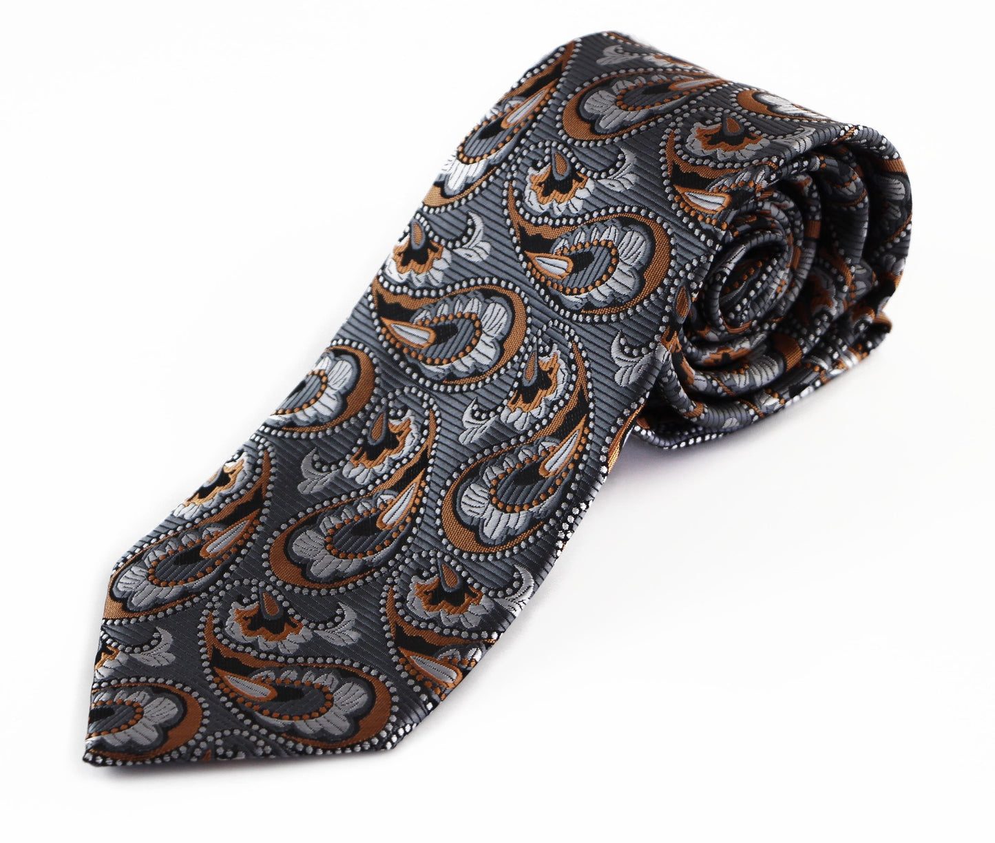 Mens Grey & Burnt Orange Boho Paisley Patterned 8cm Neck Tie