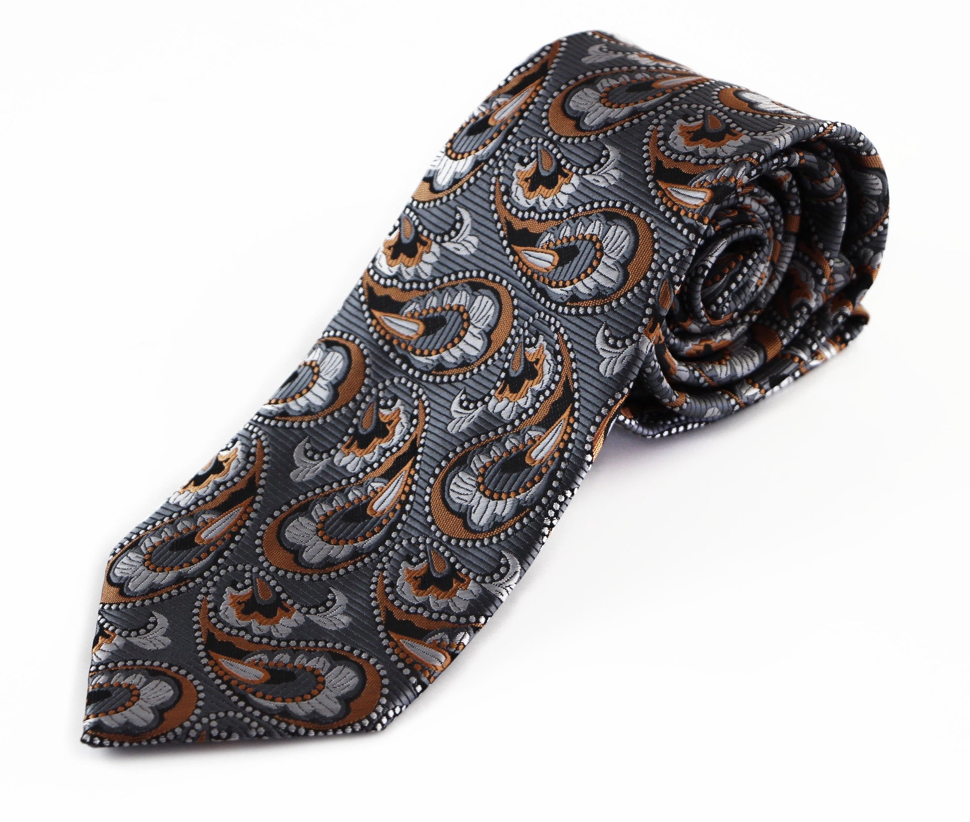 Mens Grey & Burnt Orange Boho Paisley Patterned 8cm Neck Tie