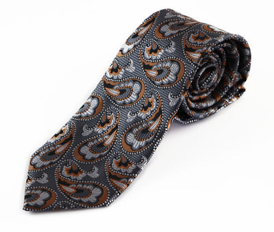 Mens Grey & Burnt Orange Boho Paisley Patterned 8cm Neck Tie
