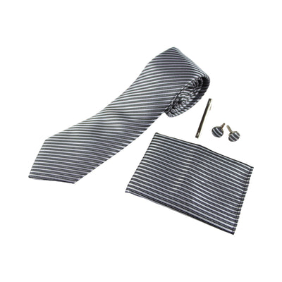 Mens Gunmetal & Silver Striped Matching Neck Tie, Pocket Square, Cuff Links And Tie Clip Set