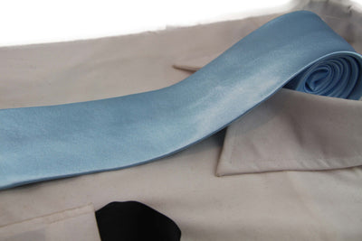 Mens Light Blue 8cm Neck Tie & Black Pocket Square Set