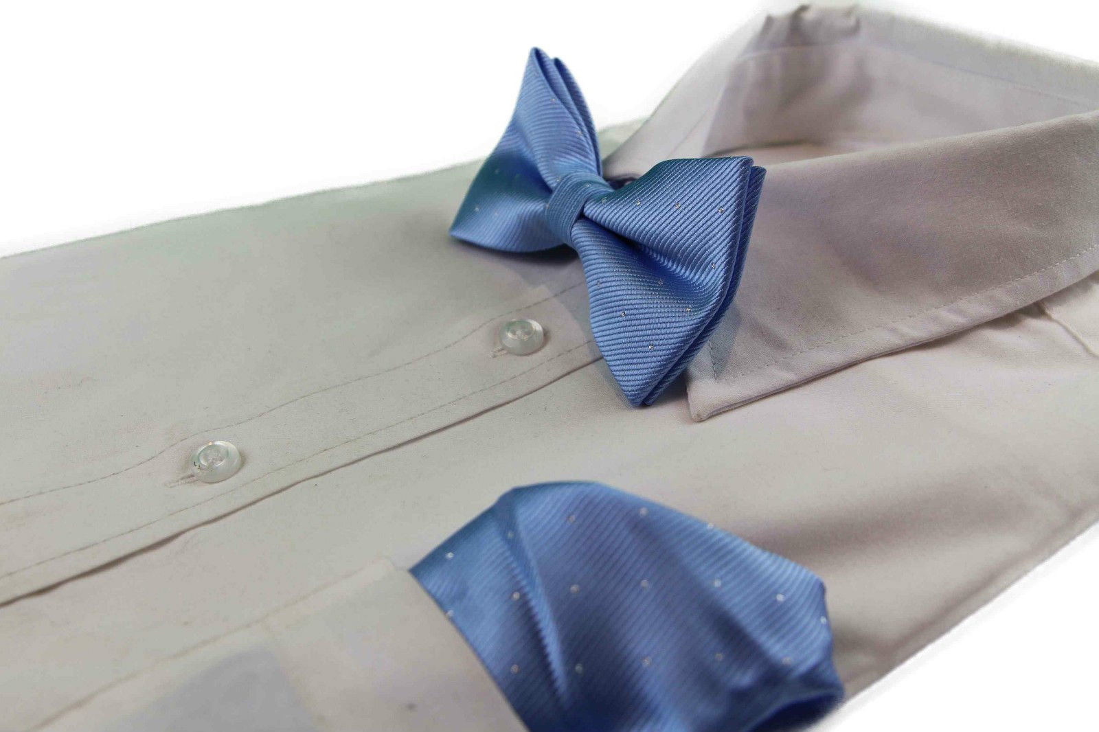 Mens Light Blue With Silver Stars Matching Bow Tie & Pocket Square Set
