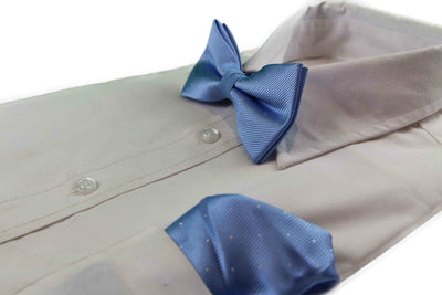 Mens Light Blue With Silver Stars Matching Bow Tie & Pocket Square Set