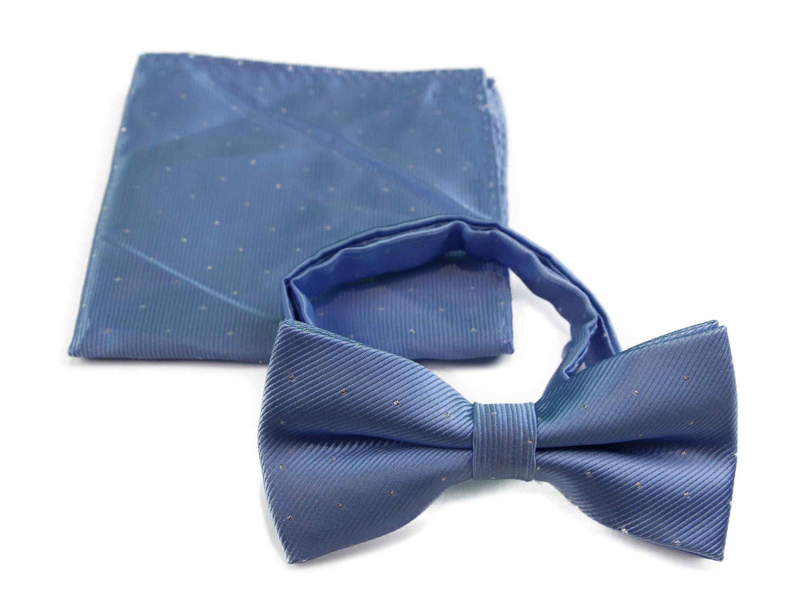 Mens Light Blue With Silver Stars Matching Bow Tie & Pocket Square Set