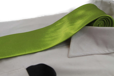 Mens Light Green 8cm Neck Tie & Black Pocket Square Set
