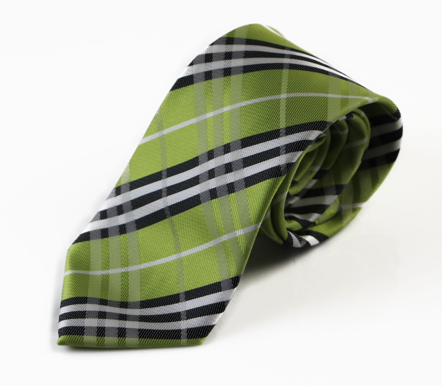 Mens Lime Green, Black & White Plaid Striped Patterned 8cm Neck Tie