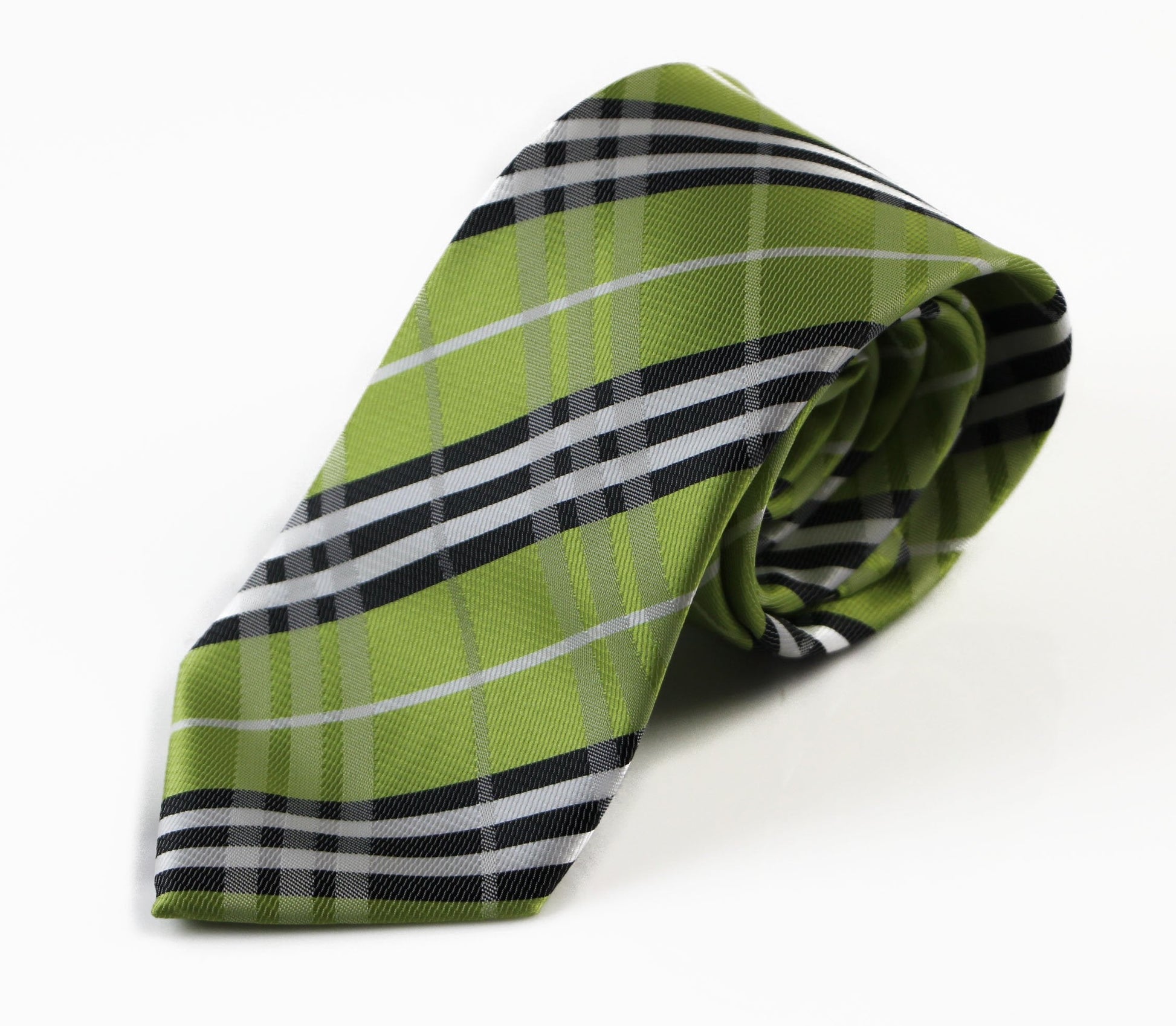 Mens Lime Green, Black & White Plaid Striped Patterned 8cm Neck Tie