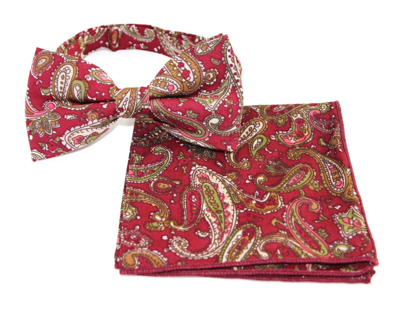 Mens Maroon, Green & Cream Paisley Cotton Bow Tie & Pocket Square Set