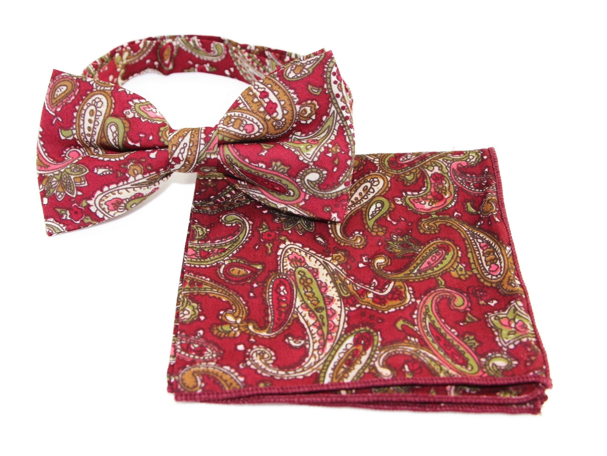 Mens Maroon, Green & Cream Paisley Cotton Bow Tie & Pocket Square Set