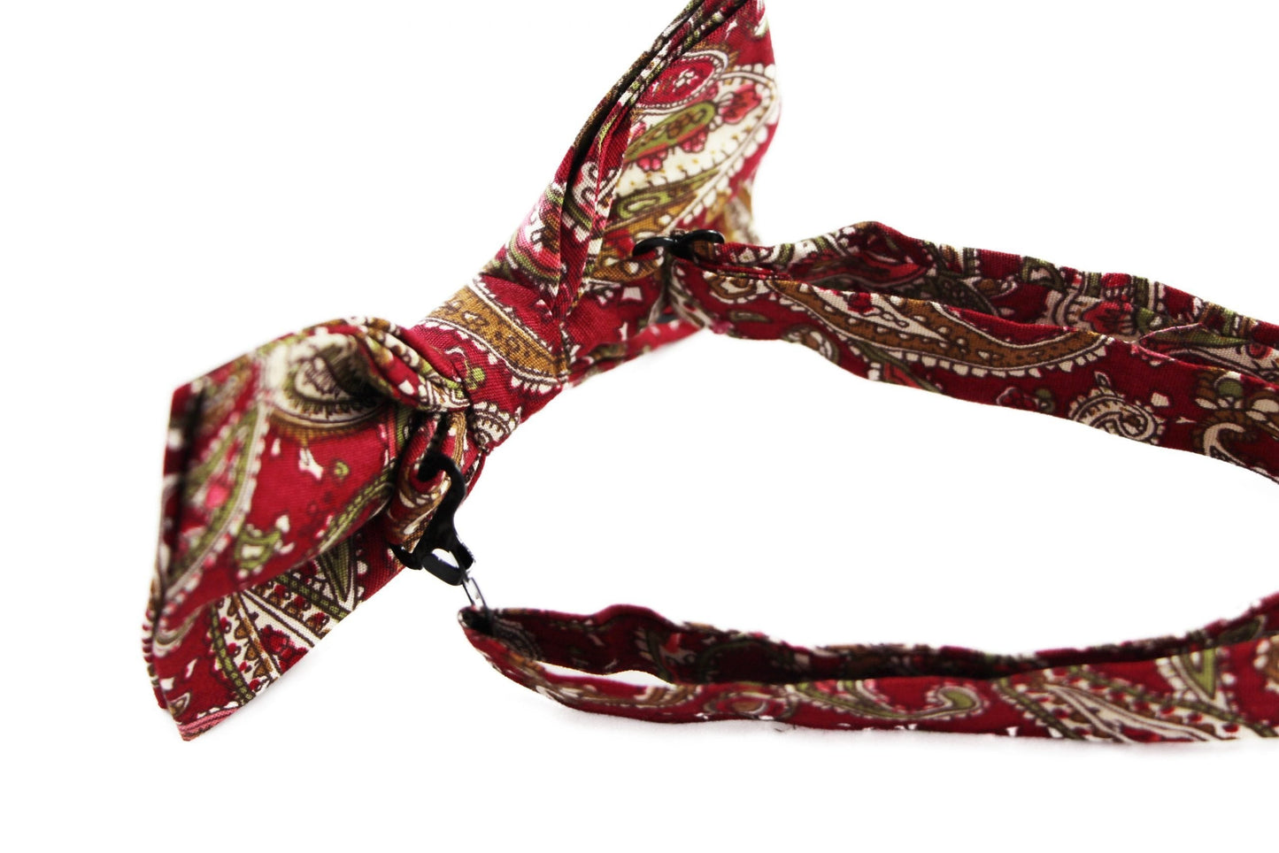 Mens Maroon, Green & Cream Paisley Cotton Bow Tie & Pocket Square Set