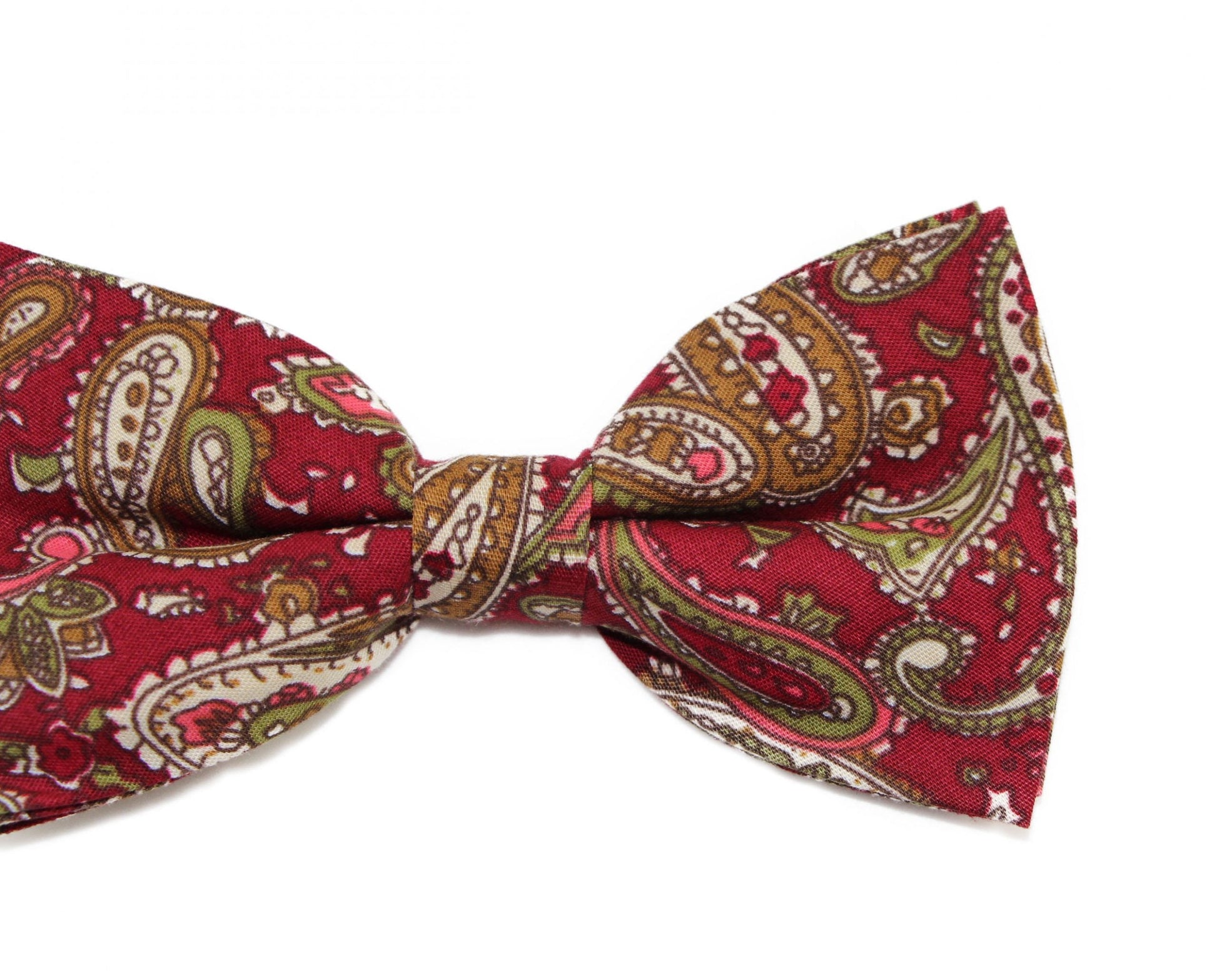 Mens Maroon, Green & Cream Paisley Cotton Bow Tie & Pocket Square Set