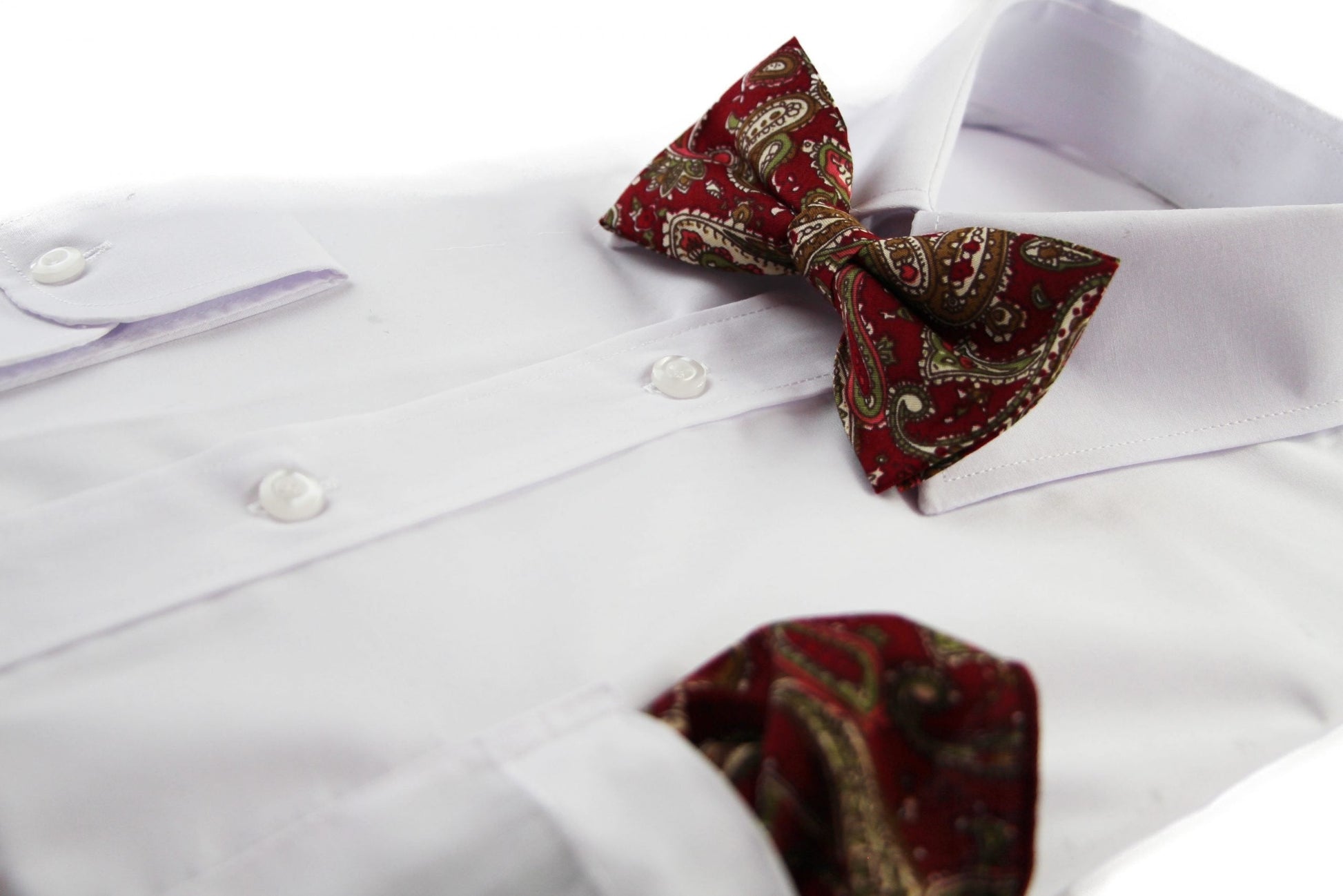 Mens Maroon, Green & Cream Paisley Cotton Bow Tie & Pocket Square Set