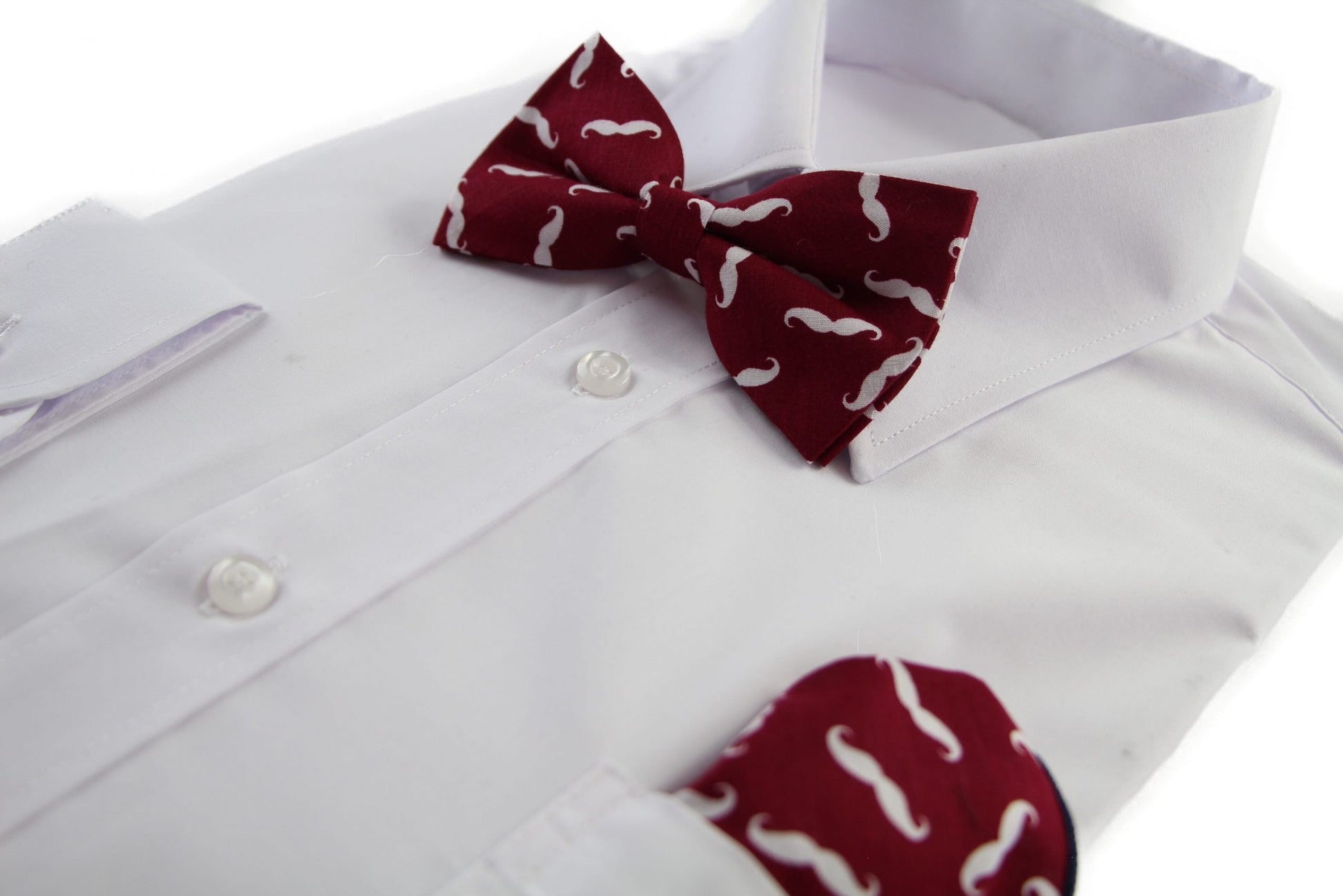 Mens Maroon & White Moustache Cotton Bow Tie & Pocket Square Set