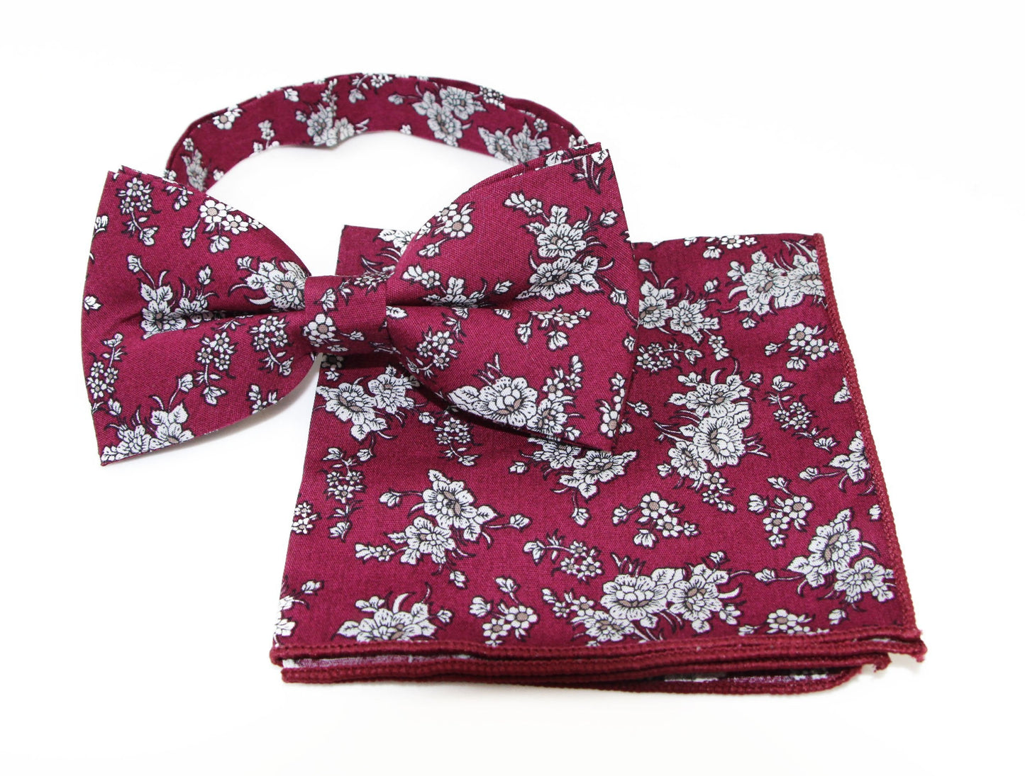 Mens Maroon With White Flowers Cotton Bow Tie & Pocket Square Set