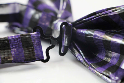 Mens Metallic Silver, Black & Purple Patterned Bow Tie