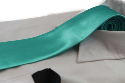 Mens Mint Green 8cm Neck Tie & Black Pocket Square Set