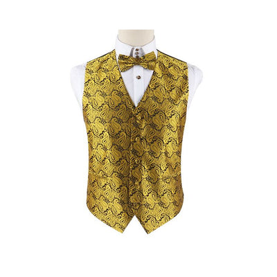 Mens Mustard Gold Boho Paisley Patterned Vest Waistcoat & Matching Bow Tie