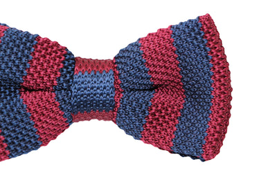 Mens Navy And Maroon Thick Vertical Striped Knitted Bow Tie