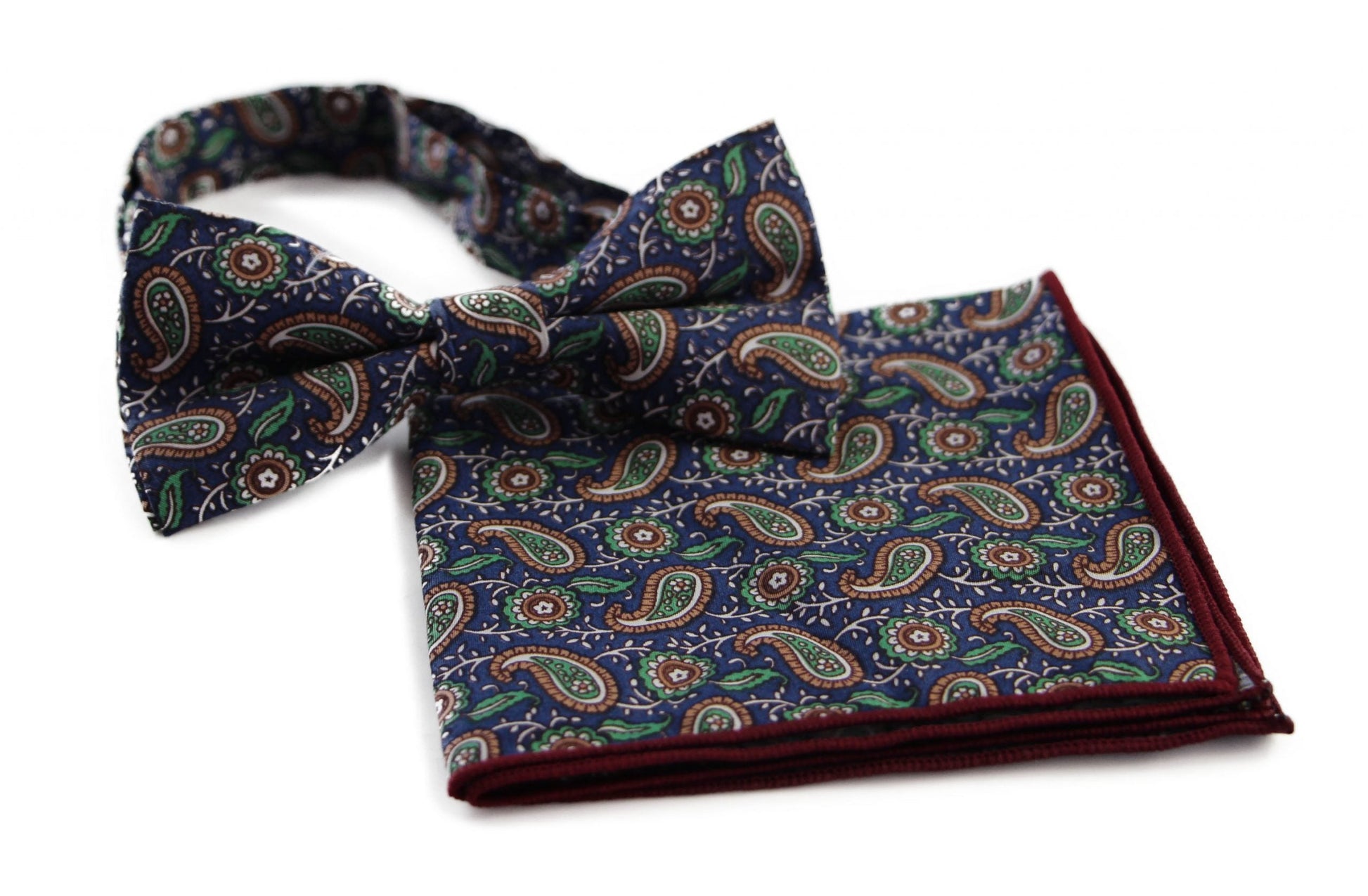 Mens Navy, Cream, Green Paisley Cotton Bow Tie & Pocket Square Set