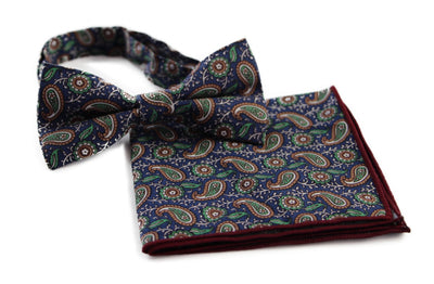 Mens Navy, Cream, Green Paisley Cotton Bow Tie & Pocket Square Set