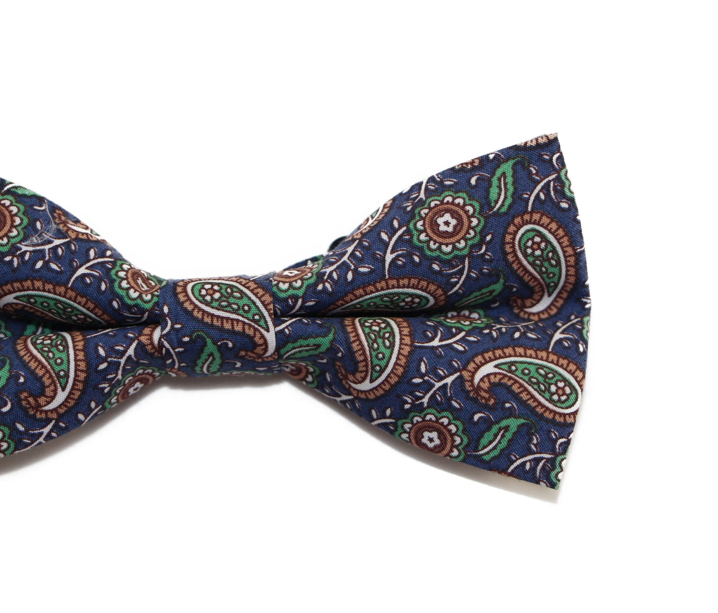 Mens Navy, Cream, Green Paisley Cotton Bow Tie & Pocket Square Set