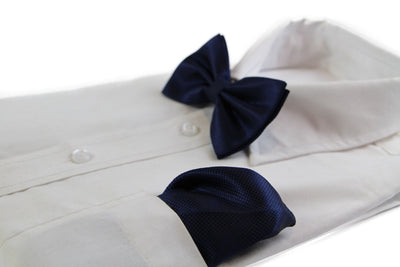 Mens Navy Plain Coloured Checkered Bow Tie & Matching Pocket Square Set