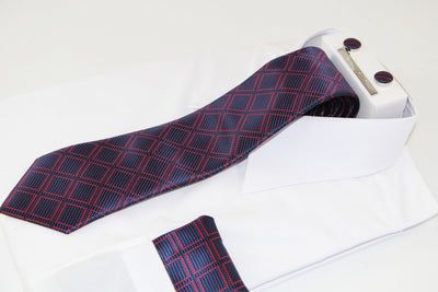 Mens Navy & Red Checkered Matching Neck Tie, Pocket Square, Cuff Links And Tie Clip Set