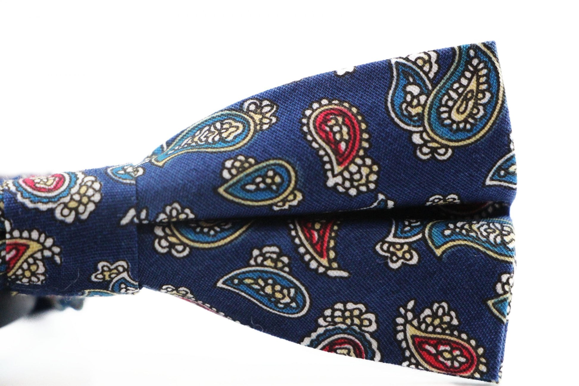 Mens Navy, Red, White, Yellow & Blue Paisley Cotton Bow Tie & Pocket Square Set