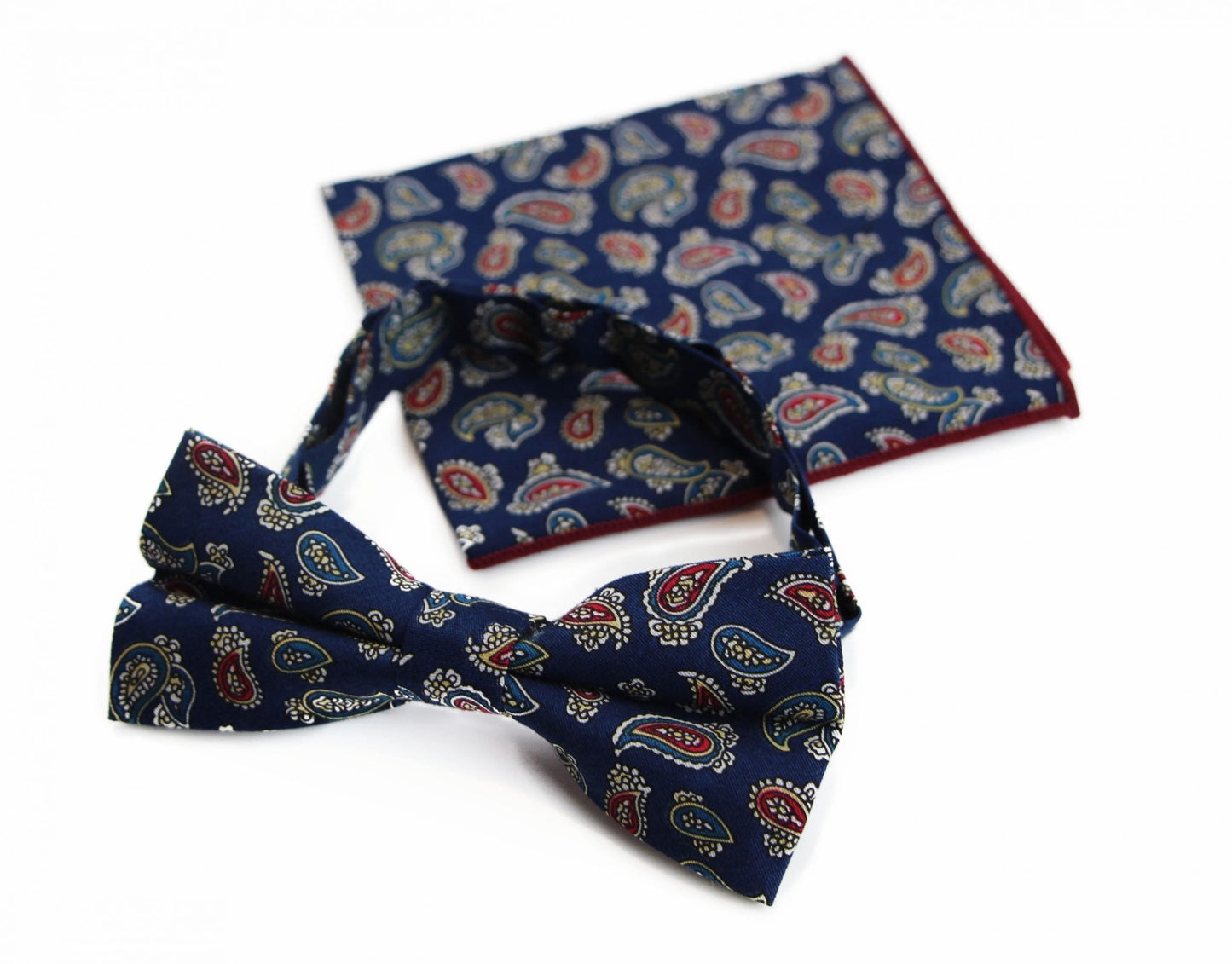 Mens Navy, Red, White, Yellow & Blue Paisley Cotton Bow Tie & Pocket Square Set