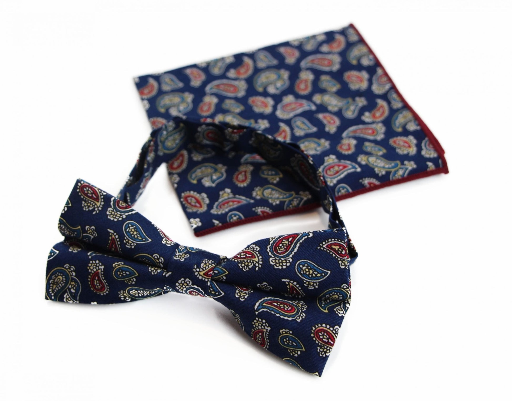 Mens Navy, Red, White, Yellow & Blue Paisley Cotton Bow Tie & Pocket Square Set