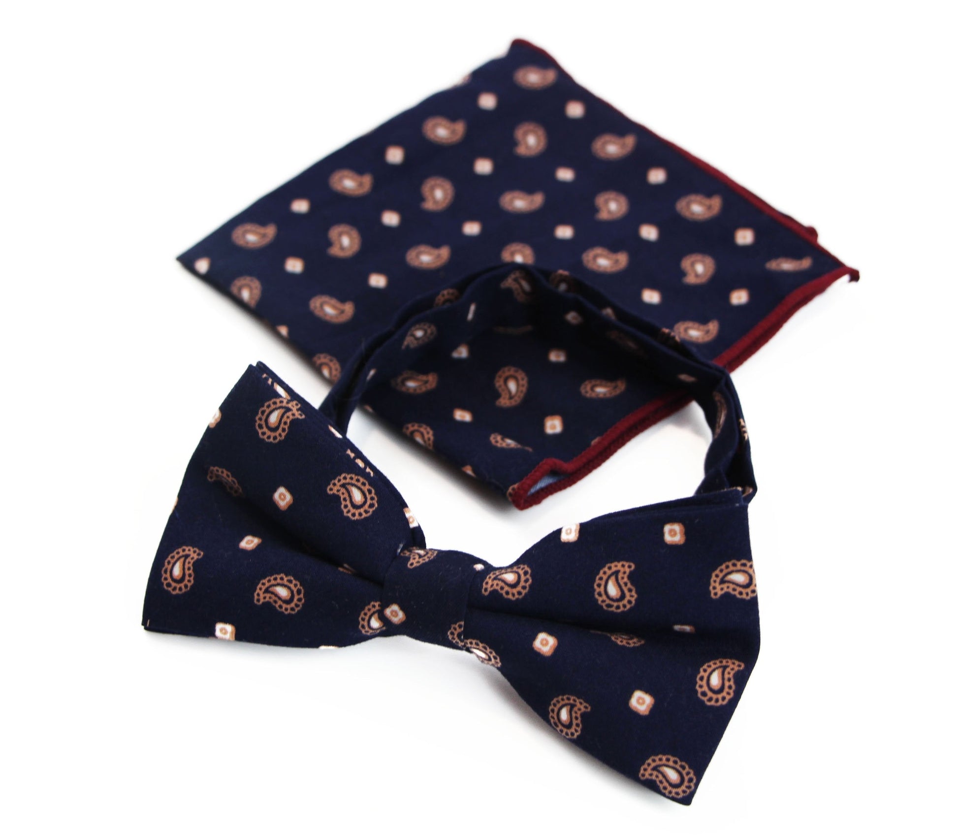 Mens Navy & Tan Scattered Paisley Cotton Bow Tie And Pocket Square Set