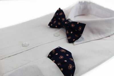 Mens Navy & Tan Scattered Paisley Cotton Bow Tie And Pocket Square Set