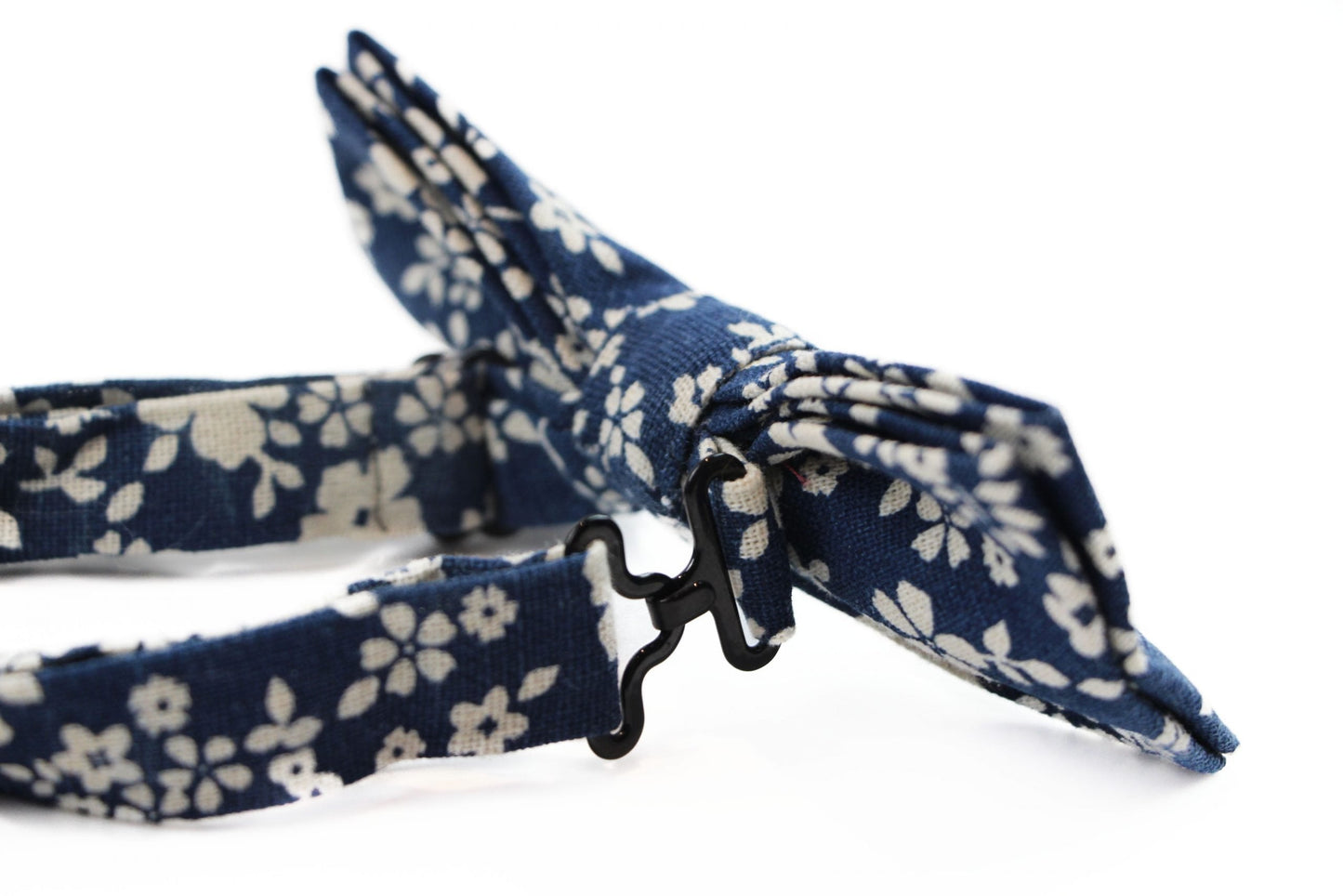 Mens Navy & White Flowers Cotton Bow Tie & Pocket Square Set