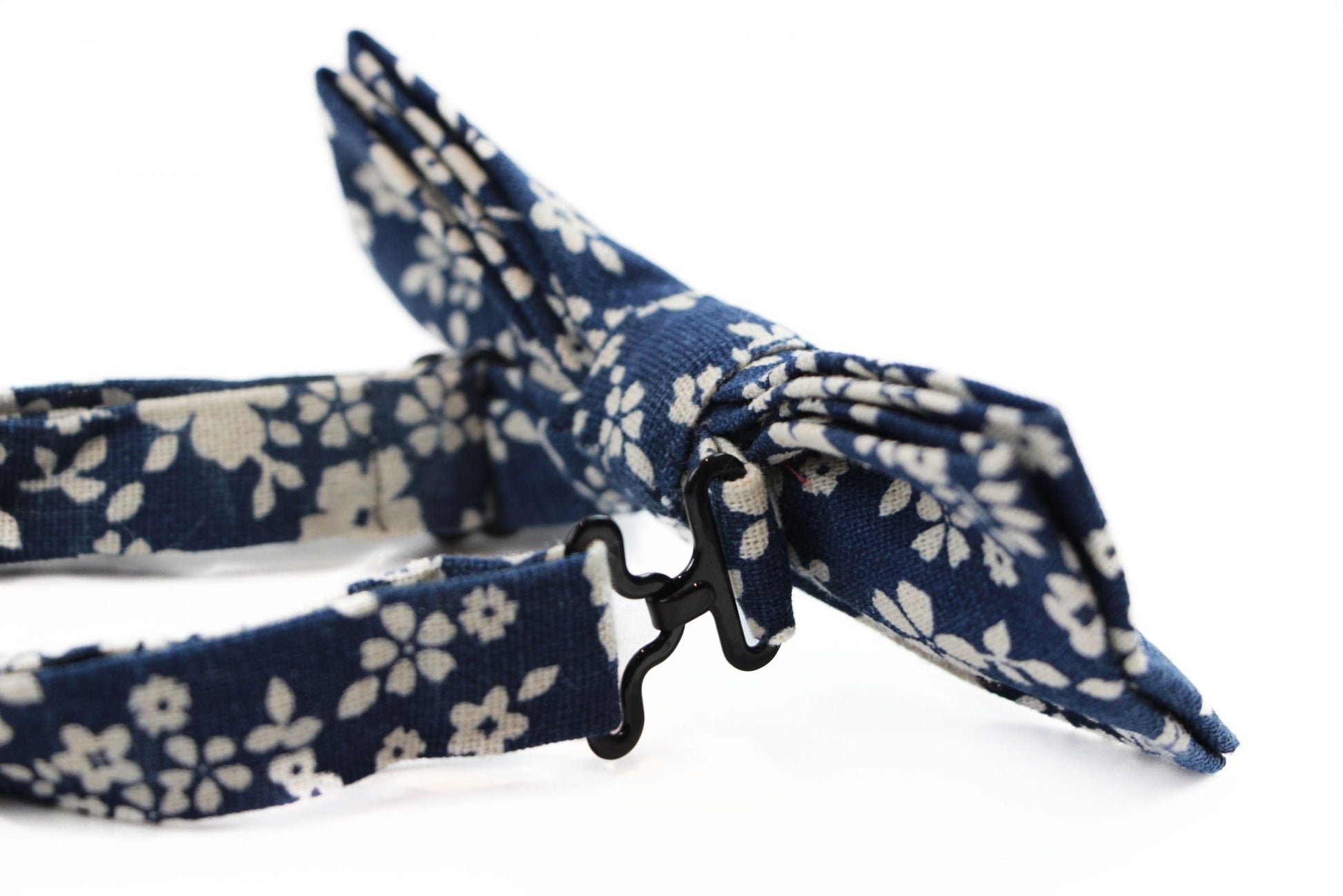 Mens Navy & White Flowers Cotton Bow Tie & Pocket Square Set