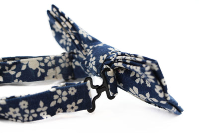 Mens Navy & White Flowers Cotton Bow Tie & Pocket Square Set