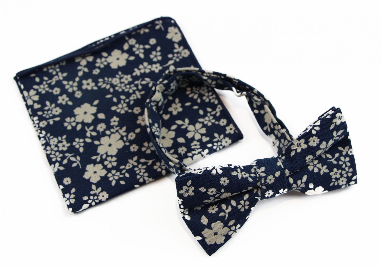 Mens Navy & White Flowers Cotton Bow Tie & Pocket Square Set